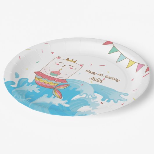 猫の人魚の誕生日パーティープレート ペーパープレート (アングル)