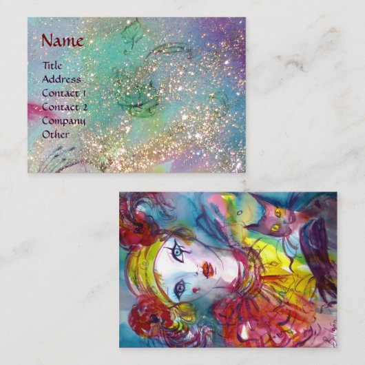 猫の仮面仮面のピアス、青いキラキラ 名刺 (正面/裏面)