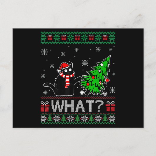 猫の何が面白いの？ 黒猫がクリスマスツリーを押している ポストカード (正面)