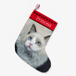 猫の写真と名前 | 赤い黒い手のプリント スモールクリスマスストッキング
