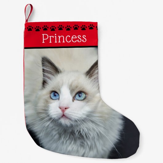 猫の写真と名前 | 赤い黒い手のプリント スモールクリスマスストッキング (正面)