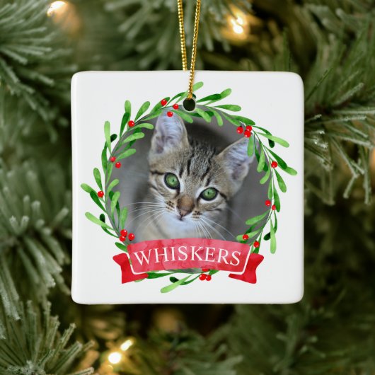 猫の写真のクリスマスリース セラミックオーナメント (ツリー)