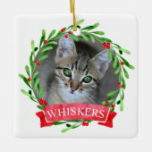 猫の写真のクリスマスリース セラミックオーナメント (正面)