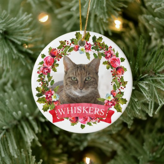 猫の写真のクリスマスリース セラミックオーナメント (ツリー)