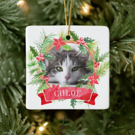 猫の写真のクリスマスリース セラミックオーナメント (ツリー)