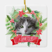 猫の写真のクリスマスリース セラミックオーナメント (正面)