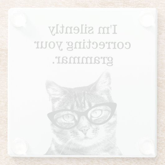 猫の写真の文法を黙って修正してるおもしろい ガラスコースター (裏面)