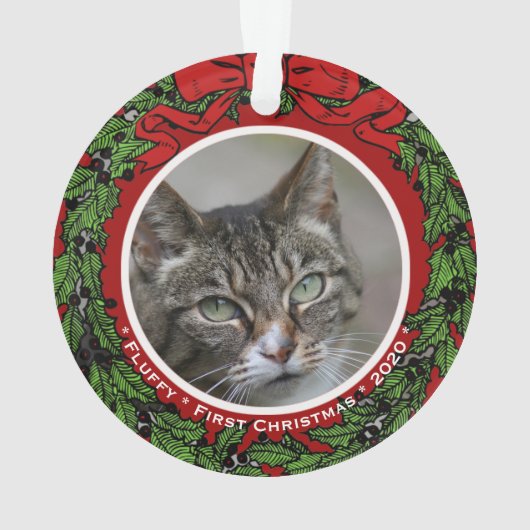 猫の写真カスタム名初めてのクリスマスリース オーナメント (裏面)