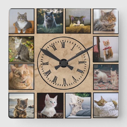 猫の写真コラージュのパフェイクーチページャの背景 スクエア壁時計 (正面)