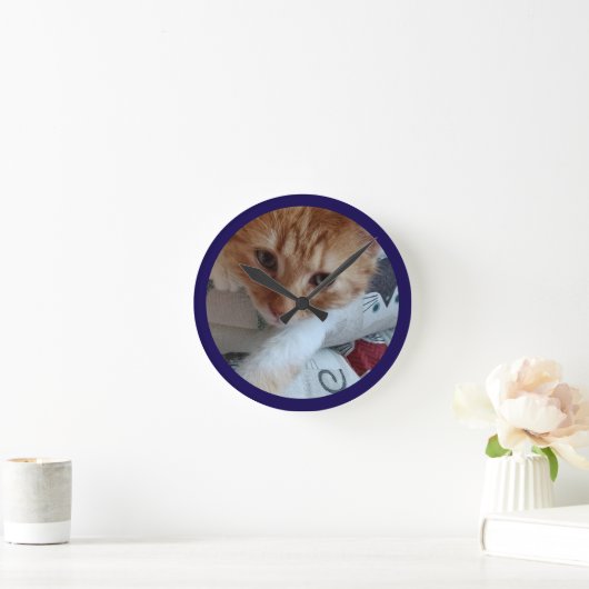 猫の写真テキストのカスタマイズ ラウンド壁時計 (ホーム)