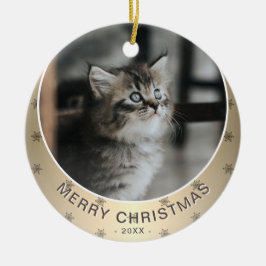 猫の写真 ゴールドの雪の結晶 メタリック クリスマス セラミックオーナメント