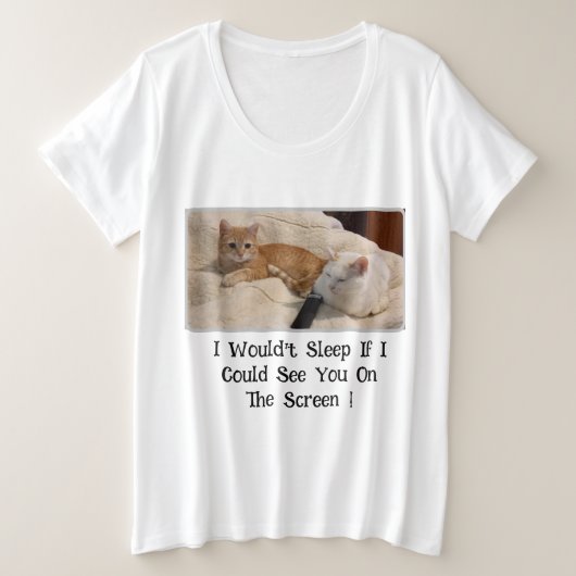 猫の写真、両面に面白いテキスト、差し替え可能、 プラスサイズTシャツ (デザイン正面)