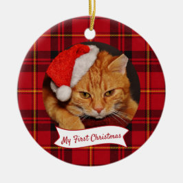 猫の写真 赤いタルタン プリント ペットの最初のクリスマス  セラミックオーナメント