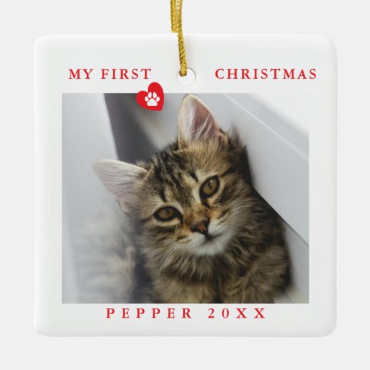猫の初めてのクリスマス写真 セラミックオーナメント (正面)