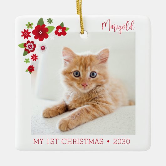 猫の初めてのクリスマス 写真 セラミックオーナメント (正面)