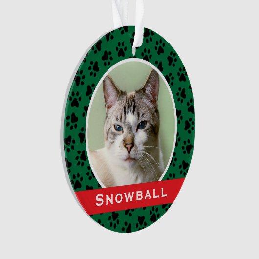 猫の名前の写真パーソナライズされたをプリントした緑のペット オーナメント (正面)