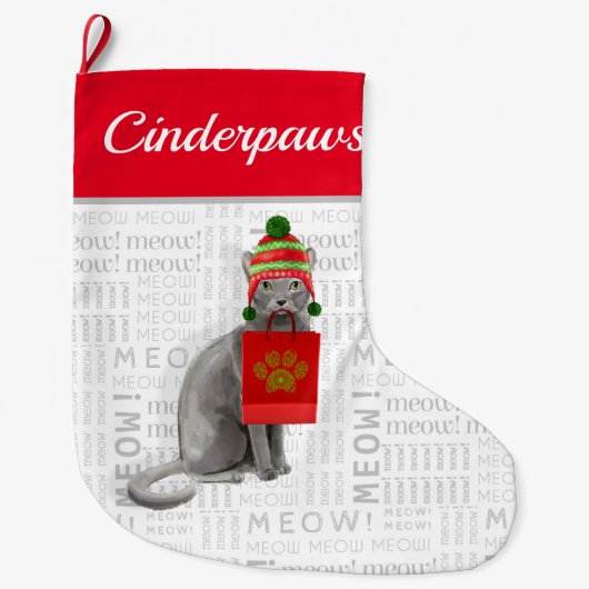 猫の名前ブルーロシアのキャットクリスマス ラージクリスマスストッキング (正面)
