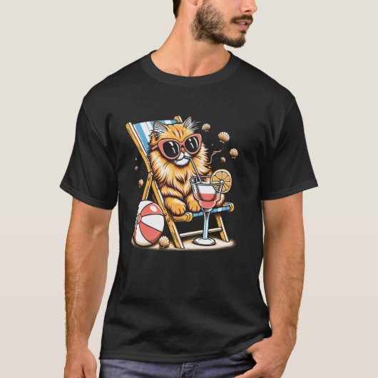 猫の夏休み 楽しいビーチラバーの贈り物 Tシャツ (正面)