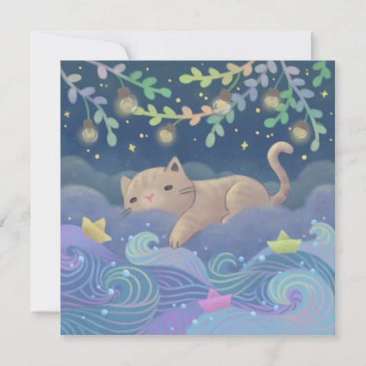 猫の夢の幻想的なイラスト 招待状 (正面)
