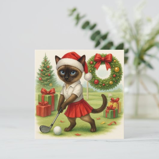 猫の女性ゴルファーをテーマにしたゴルフクリスマステーマ シーズンカード (スタンド正面)