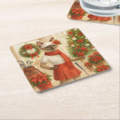 猫の女性ゴルファーをテーマにしたゴルフクリスマステーマ スクエアペーパーコースター (アングル)