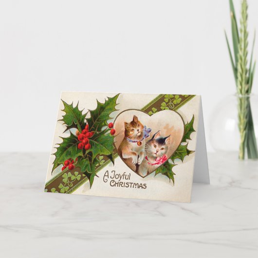 猫の子ネコのハートのシャムロックのヒイラギ シーズンカード (正面)