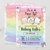 猫の子猫 レインボー 誕生日 男の子 女の子 招待状 (正面/裏面)