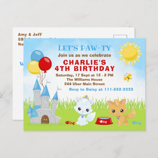 猫の子猫 城の青い誕生日パーティーのポストカード ポストカード (正面/裏面)