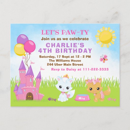 猫の子猫 城 ピンクの誕生日パーティーのポストカード ポストカード (正面)