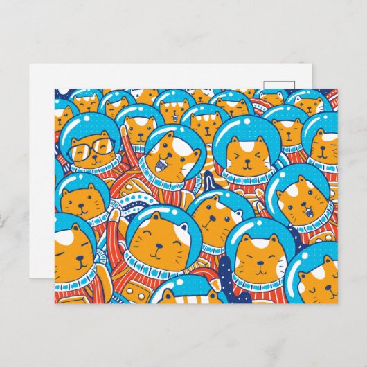 猫の宇宙飛行士の群れの可愛いイラスト ポストカード (正面/裏面)
