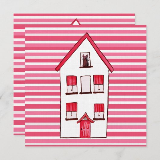 猫の家のストライプのな家の引っ越し祝いパーティーの招待 招待状 (正面/裏面)