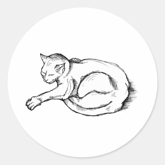 猫の寝姿のイラスト ペン画アート ラウンドシール (正面)