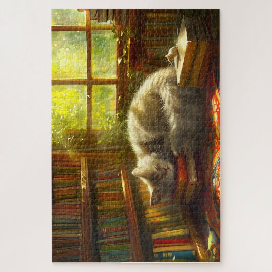 猫の居心地の良い図書館シエスタギフト猫好き ジグソーパズル (縦)