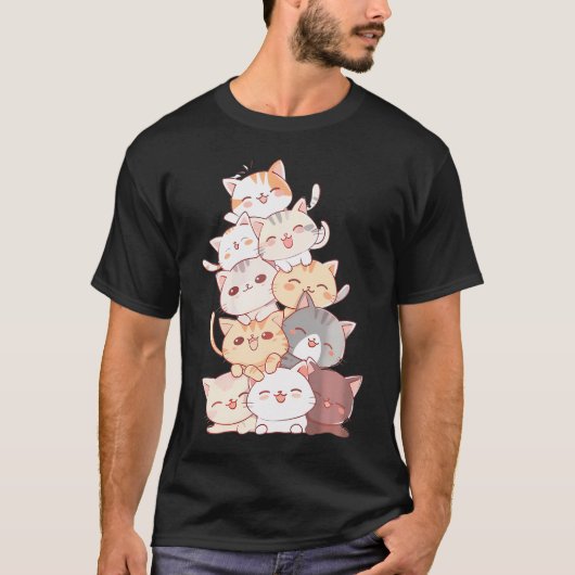 猫の山かわいい猫の子猫パイルアニメ川 Tシャツ (正面)