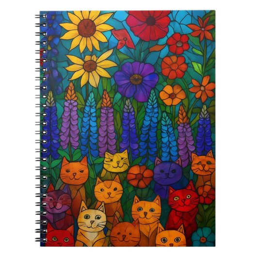 猫の庭  ステンドグラス風の猫のアート 花 ノートブック (正面)