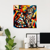 猫の抽象的キュビスト絵画 ポスター (ホームオフィス)