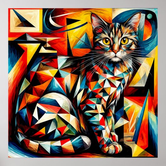 猫の抽象的キュビスト絵画 ポスター (正面)