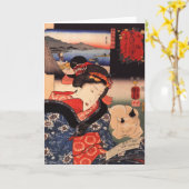 猫の挨拶状が付いている女性の読書 カード (黄色い花)