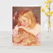 猫の挨拶状を持つ小さな女の子 カード (黄色い花)