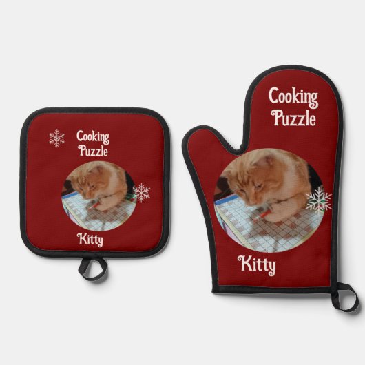 猫の料理パズル、ユーモア テキスト、カスタマイズ  鍋つかみ&鍋敷きセット (正面)