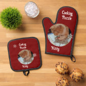猫の料理パズル、ユーモア テキスト、カスタマイズ  鍋つかみ&鍋敷きセット (トップダウン)