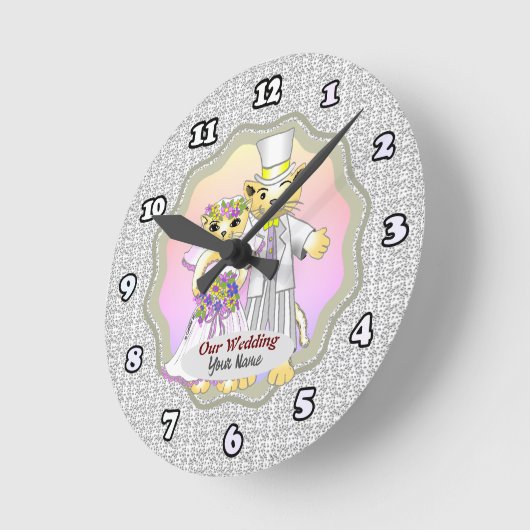 猫の新郎新婦結婚の ラウンド壁時計 (傾斜)