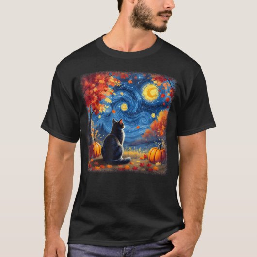 猫の星空の夜 ヴァンゴー 猫好き 感謝祭 Tシャツ (正面)