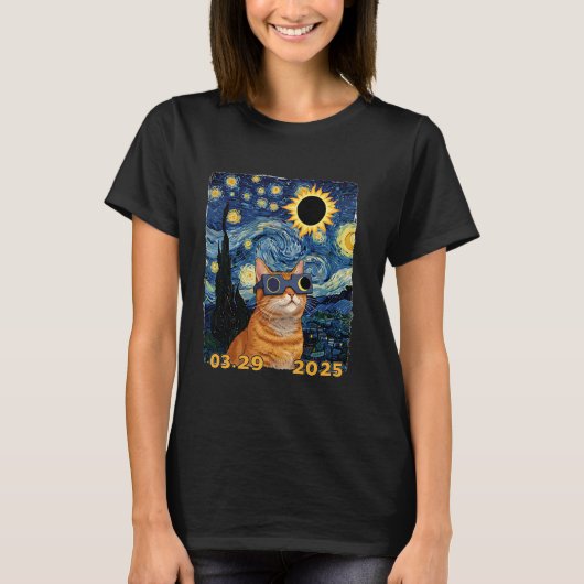 猫の星見 u2013 2025年3月29日の日食 tシャツ (正面)