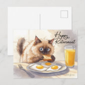 猫の朝食 ハッピー退職お祝い ポストカード (正面/裏面)