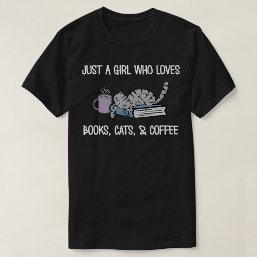 猫の本が大好きな女の子コーヒーブックが大好き Tシャツ (デザイン正面)