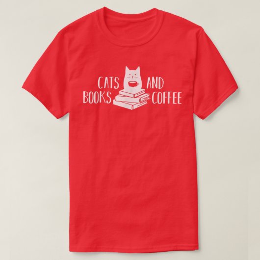 猫の本とコーヒーかわいいおもしろい猫好き Tシャツ (デザイン正面)