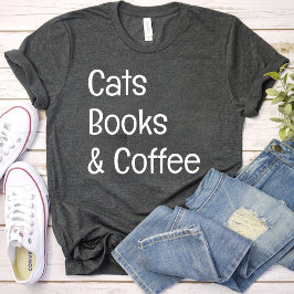猫の本とコーヒー/猫好きママ黒 Tシャツ