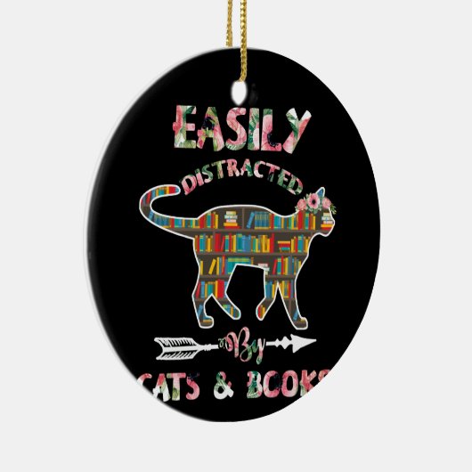 猫の本にすぐに気が散る セラミックオーナメント (右)