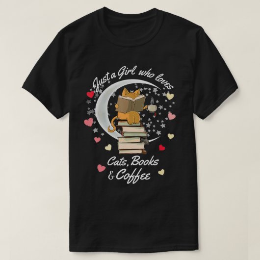 猫の本やコーヒー猫が大好きな女の子 Tシャツ (デザイン正面)